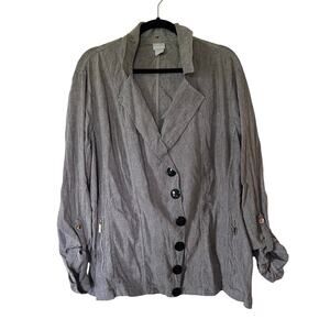 Chico’s Linen Blend Lagenlook Button Jacket Gray Black Womens Size 4 20/22